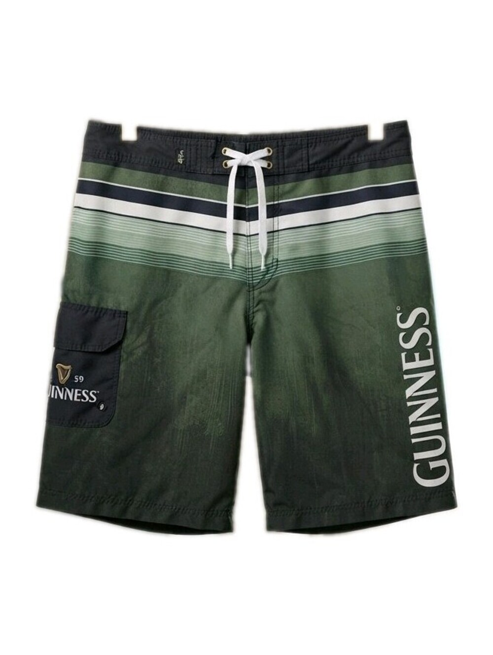 Official Guinness Board Shorts Mens SZ L Swim Trunks Green Striped Cargo 314